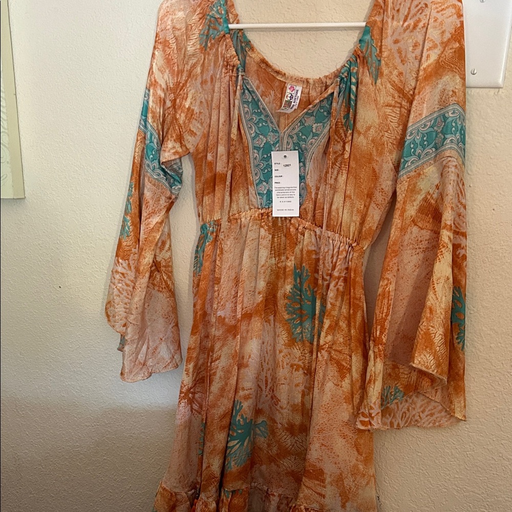 India Boutique Vibrant Orange and Teal Long Sleeve Dress